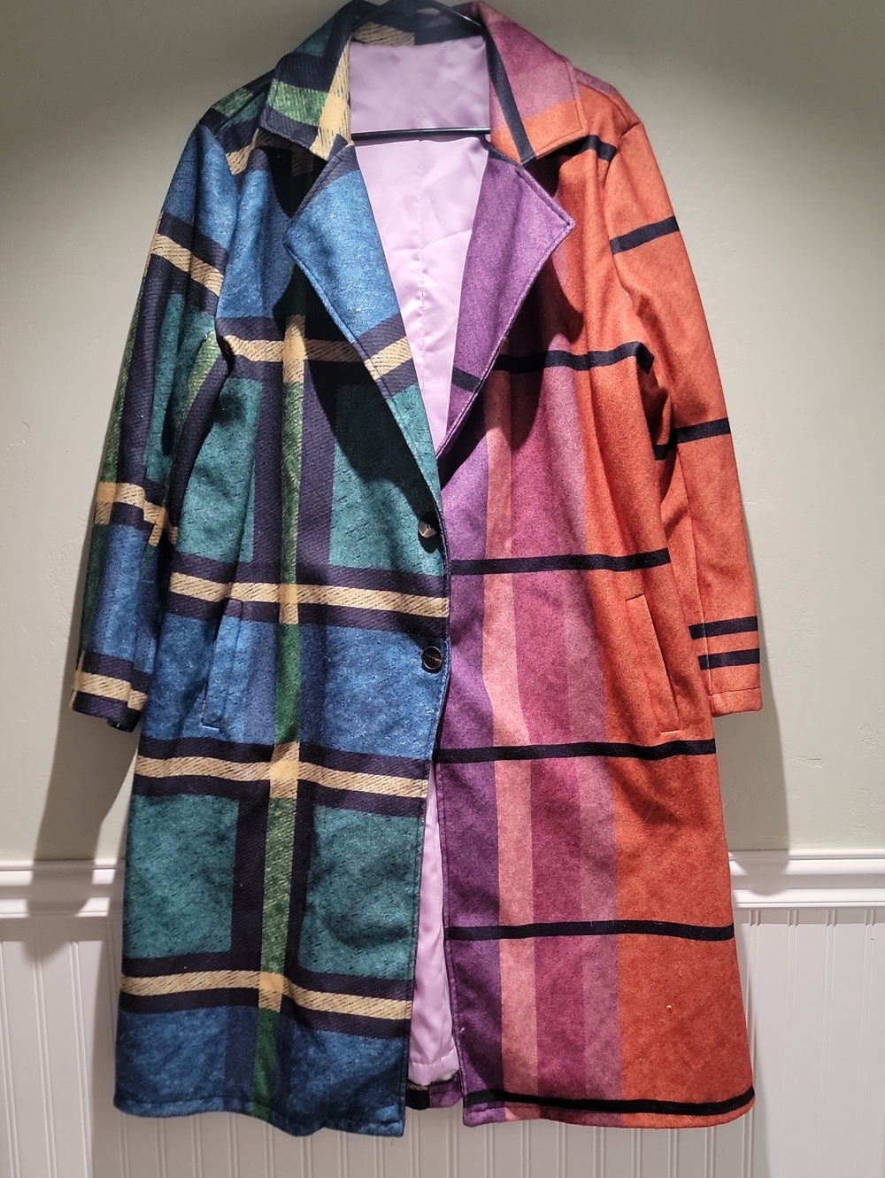 Multicolor Plaid Long Women's Coat - Colorblock Check Overcoat